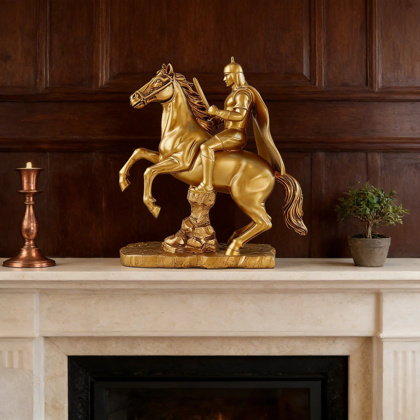 Gold Knight Mounted Horse Resin Statue Hand-Painted Copper