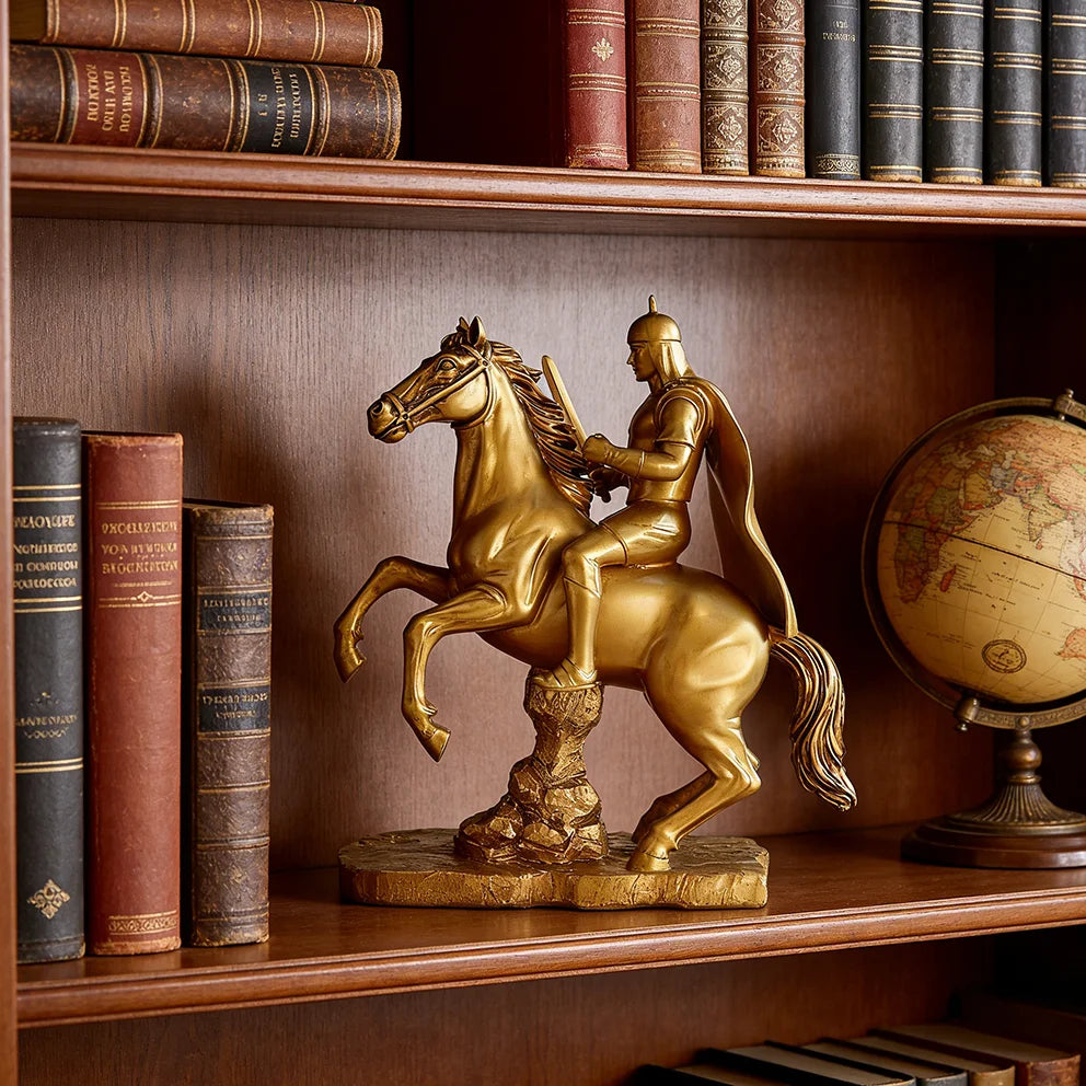 Gold Knight Mounted Horse Resin Statue Hand-Painted Copper