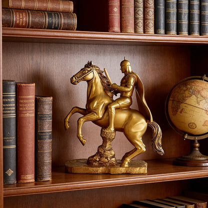 Gold Knight Mounted Horse Resin Statue Hand-Painted Copper