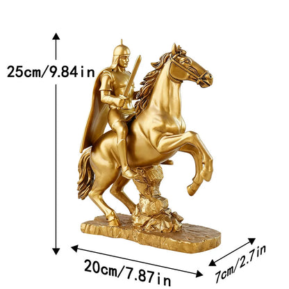 Gold Knight Mounted Horse Resin Statue Hand-Painted Copper
