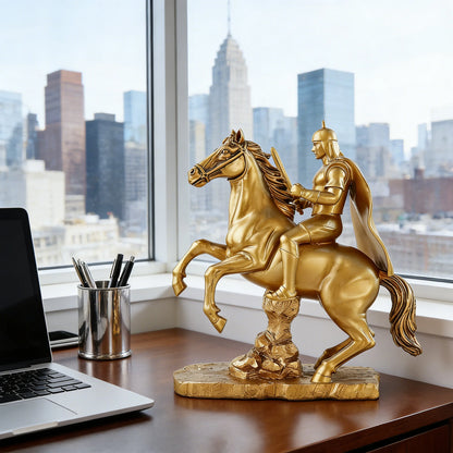 Gold Knight Mounted Horse Resin Statue Hand-Painted Copper