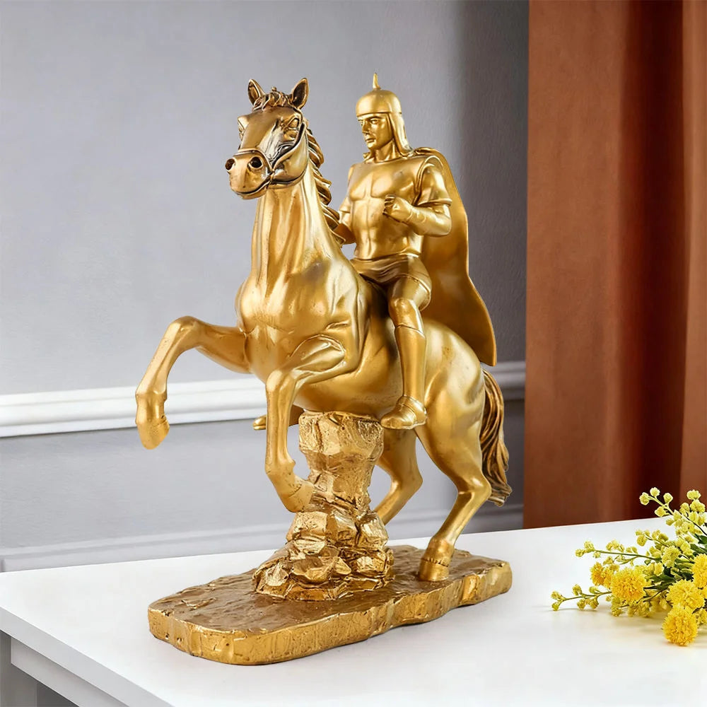 Gold Knight Mounted Horse Resin Statue Hand-Painted Copper