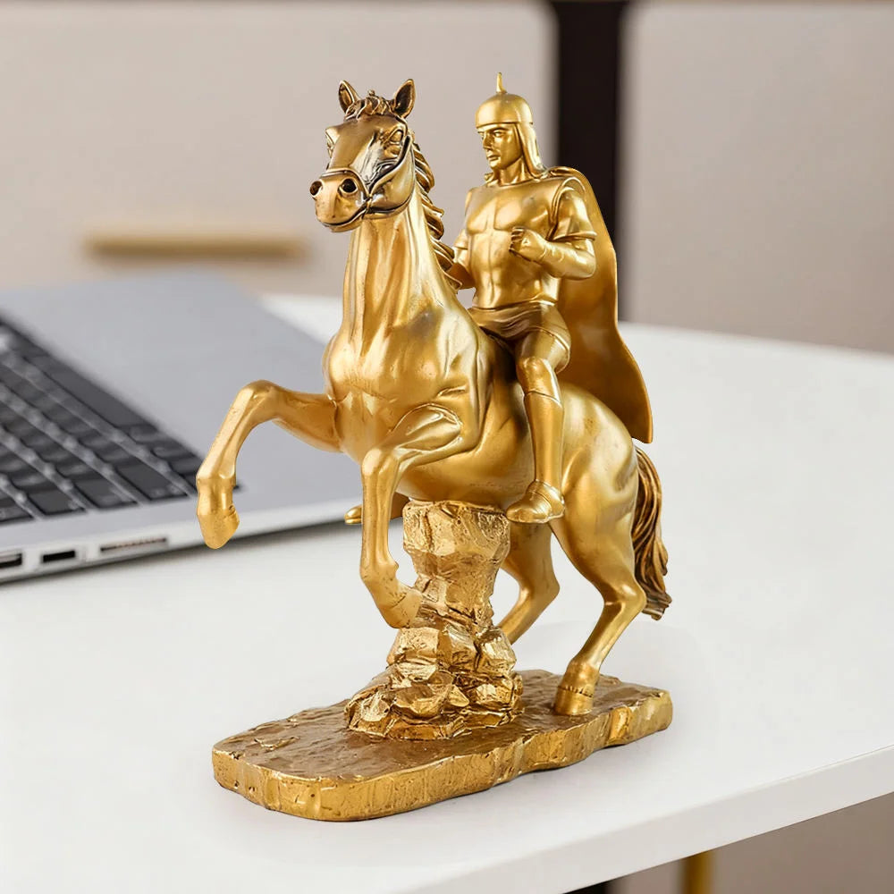 Gold Knight Mounted Horse Resin Statue Hand-Painted Copper