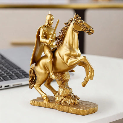 Gold Knight Mounted Horse Resin Statue Hand-Painted Copper